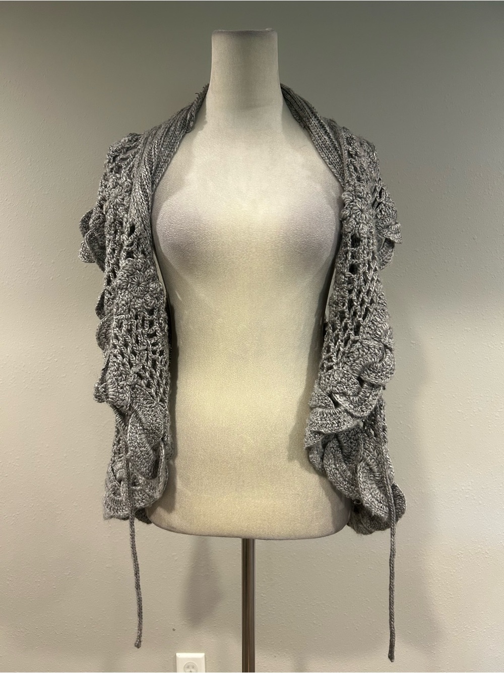 Gray Open Knit Women's cardigan Sweater with tie up front